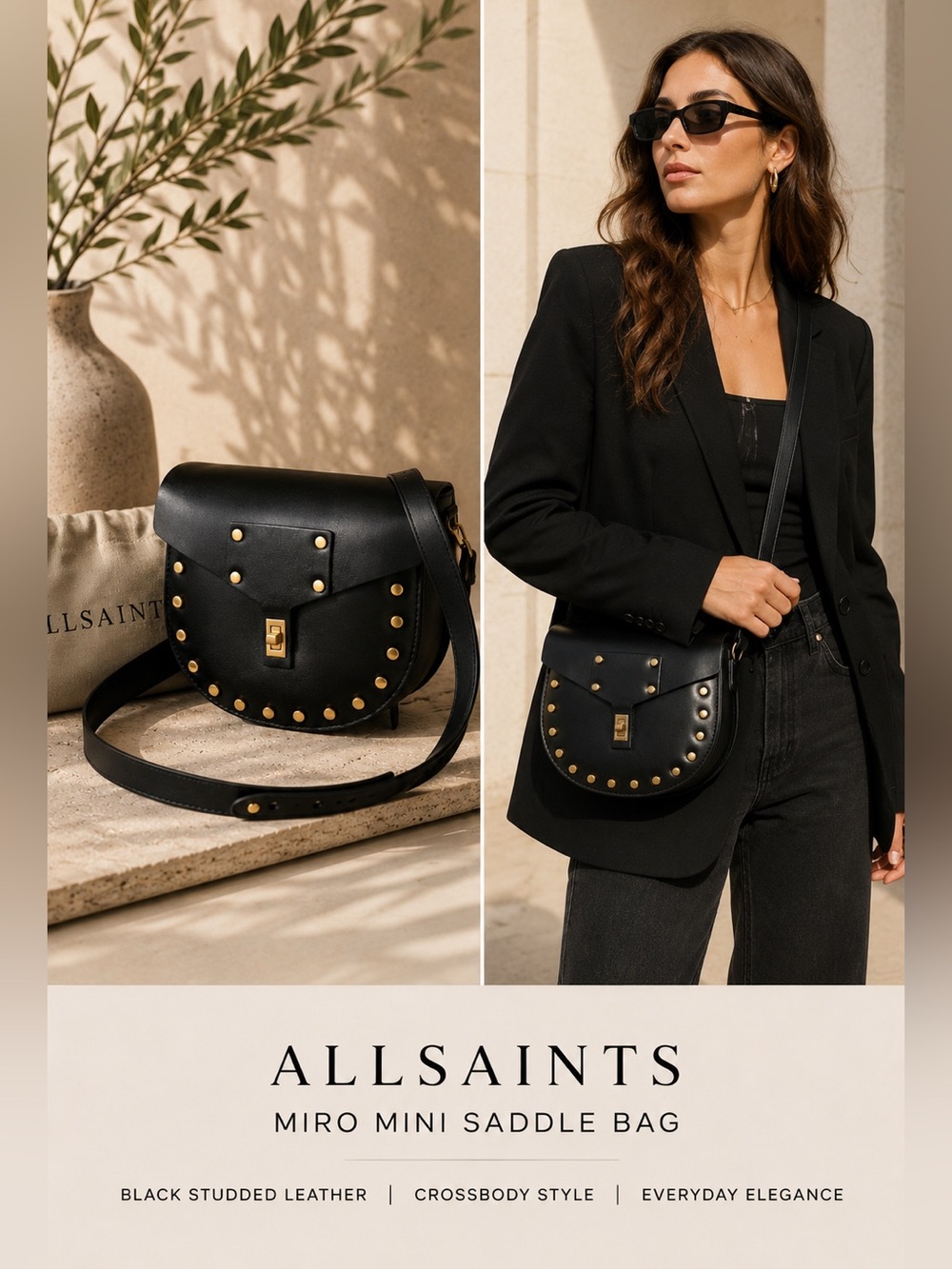 AllSaints Miro Mini Saddle Bag Black Studded Leather NWT + Dust Bag